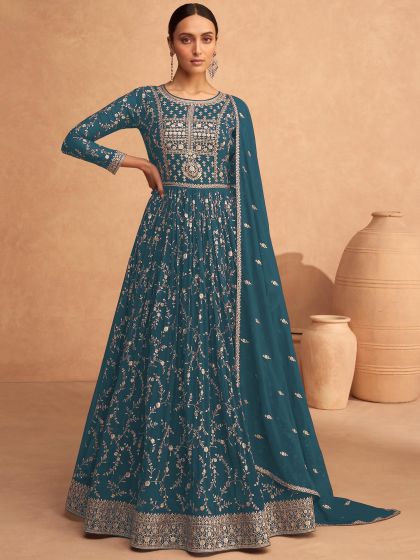 Blue Embroidered Georgette Salwar Suit With Dupatta