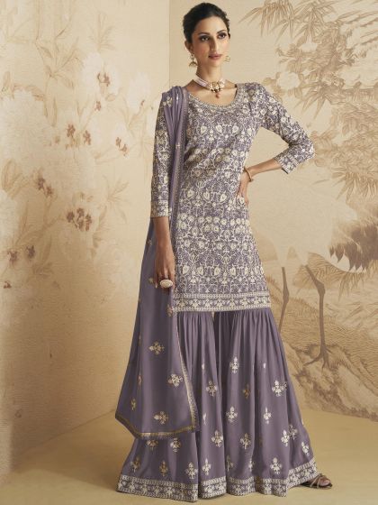 Purple Embroidered Pakistani Salwar Kameez In Georgette
