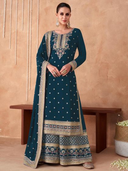 Blue Thread Embroidered Straight Cut Palazzo Suit