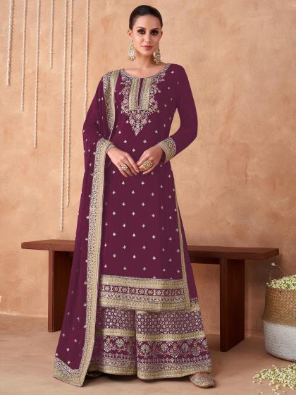 Purple Embroidered Palazzo Salwar Suit In Georgette
