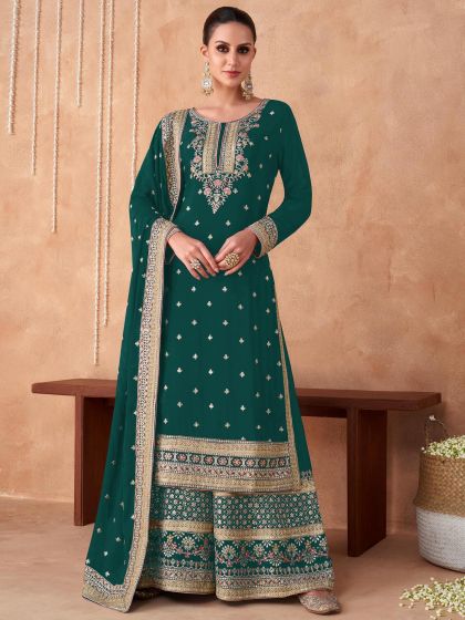 Green Thread Embroidered Palazzo Suit With Dupatta