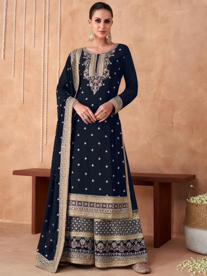 Black Embroidered Palazzo Style Suit In Georgette