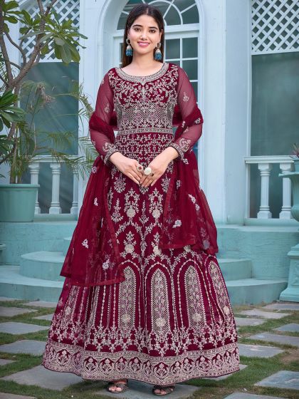 Maroon Zari Embroidered Anarkali Suit With Dupatta