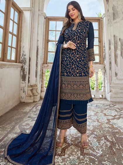 Blue Zari Embroidered Palazzo Suit In Georgette