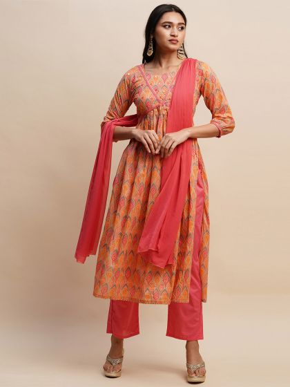 Orange Cotton Casual Wear Suit With Prints