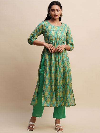 Green Pant Salwar Festive Suit In Cotton
