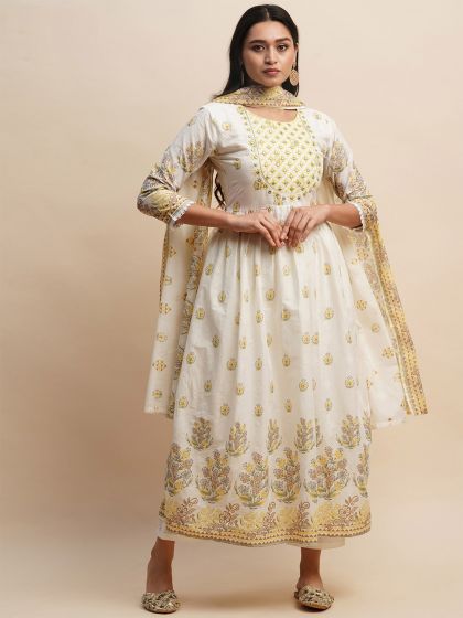 White Printed Pant Style Suit In Cotton