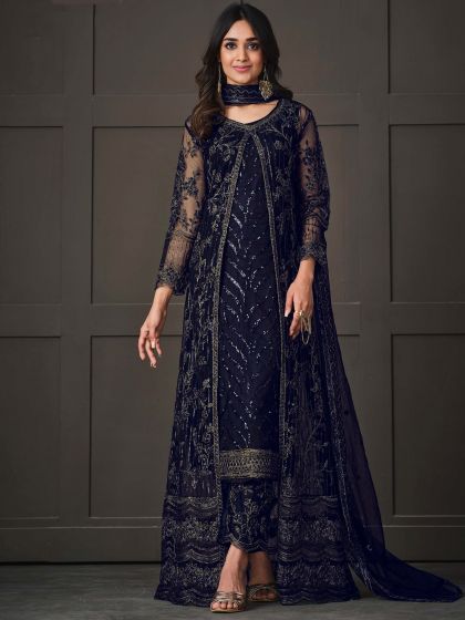 Blue Sequined Pant Style Suit With Dupatta
