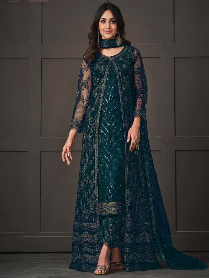 Green Embroidered Jacketed Salwar Suit In Net