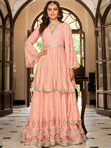 Peach Georgette Mirror Work Pakistani Suit Online USA