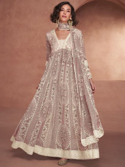 Off White Anarkali Style Suit With Prints