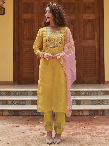 Yellow Hand Embroidered Crepe Salwar Suit