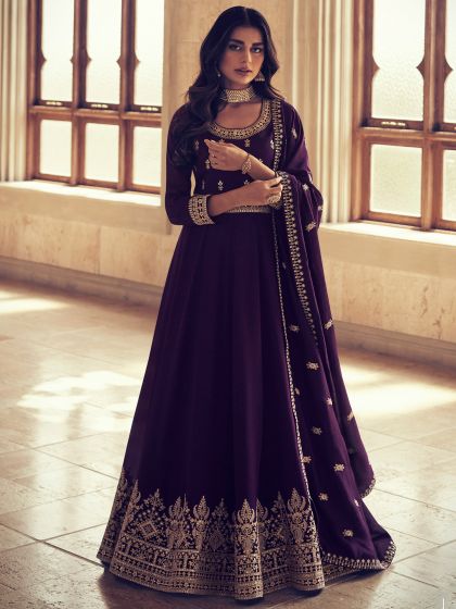 Purple Embroidered Anarkali Salwar Suit In Silk