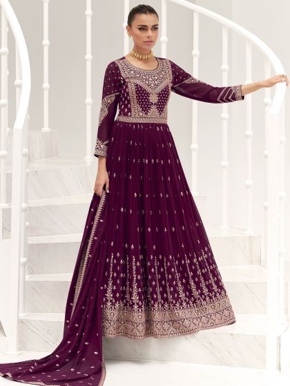 Purple Zari Embroidered Anarkali Suit In Georgette