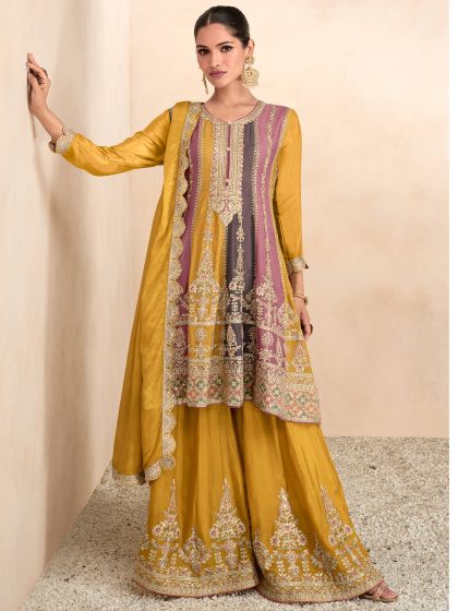 Multicolor Embroidered Sharara Style Suit In Crepe