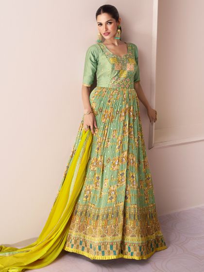 Green Printed Floor Length Anarkali Suit In Crepe