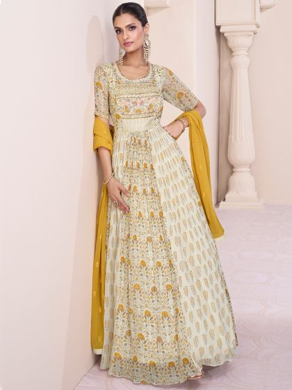 Off White Floral Anarkali Salwar Suit In Crepe