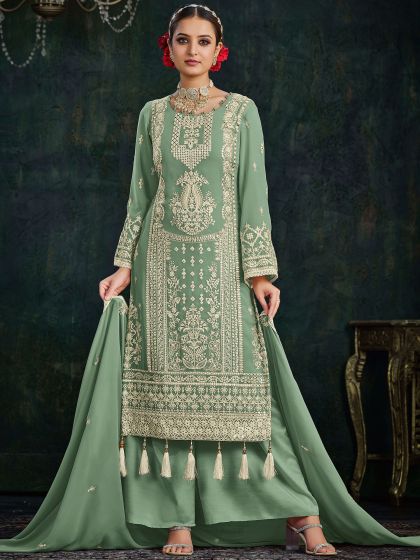Green Palazzo Style Salwar Kameez In Georgette