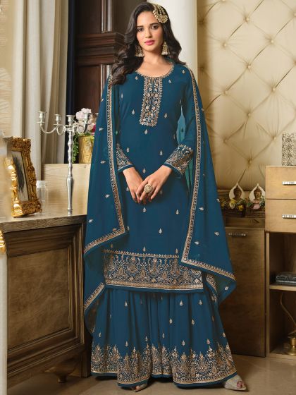 Blue Sharara Suit With Dupatta