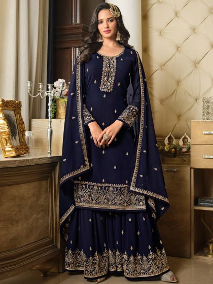Blue Sharara Salwar Kameez With Embriodery 