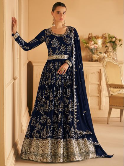 Navy Blue Zari Anarkali Designer Suit 