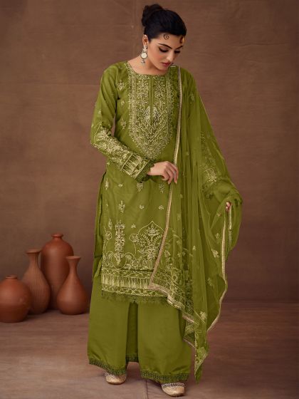 Green Organza Suit Set With Embroidered Dupatta