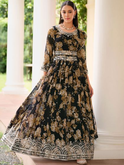 Black Floral Printed Anarkali Salwar Kameez
