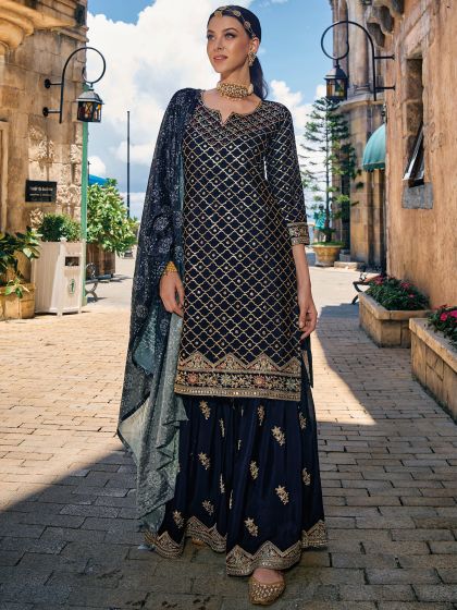 Blue Zari Embroidered Salwar Suit With Dupatta