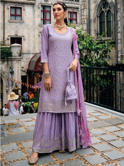 Purple Sequins Embellished Sharara Suit Set