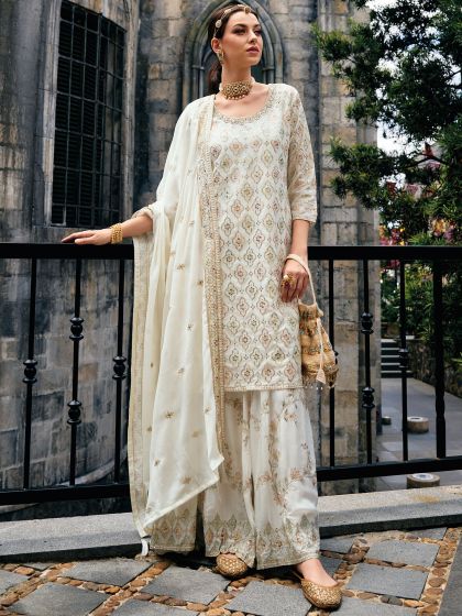 White Festive Wear Salwar Kameez In Chiffon