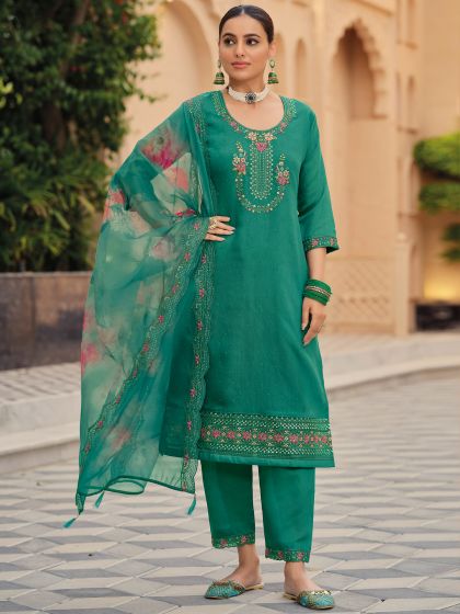 Green Art Silk Embroidered Pant Suit Set