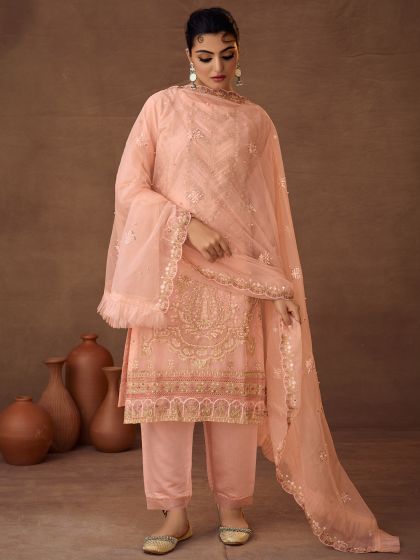 Peach Embroidered Salwar Kameez In Organza