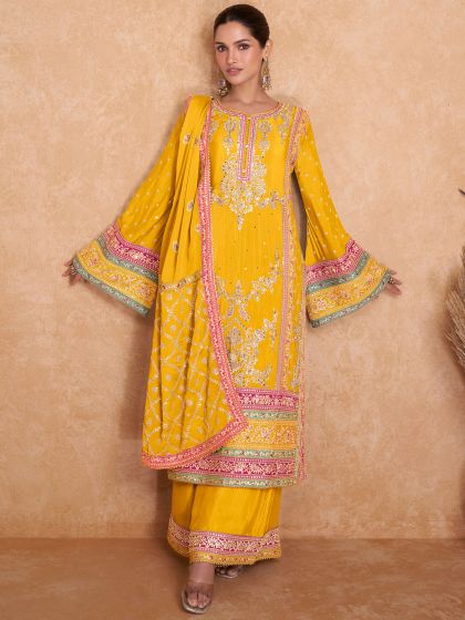 Yellow Palazzo Styled Salwar Kameez With Dupatta