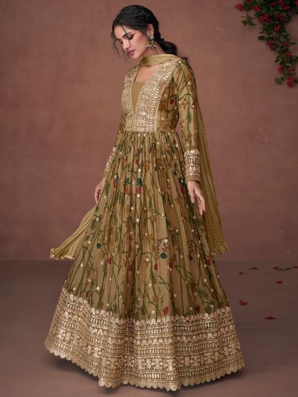 Green Floor Length Embroidered Suit Set