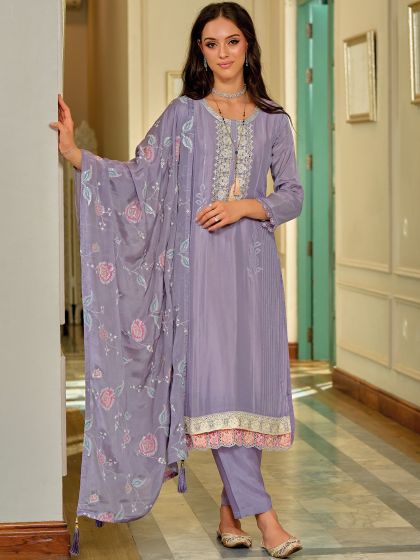 Purple Mirror Work Embellished Suit In Pant Style