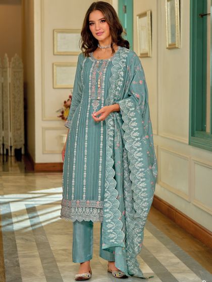 Blue Thread Embroidered Salwar Suit In Pant Style