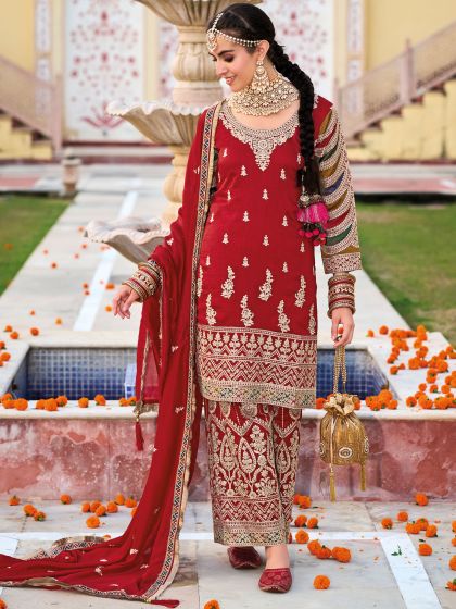 Red Palazzo Styled Embroiderd Salwar Kameez In Silk