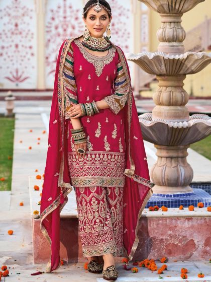 Pink Wedding Wear Palazzo Style Salwar Suit In Silk