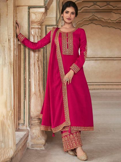 Pink Festive Zari Embroidered Palazzo Suit Online USA