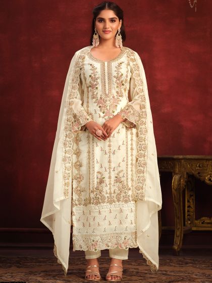 White Pant Style Salwar Suit In Organza With Zari Work