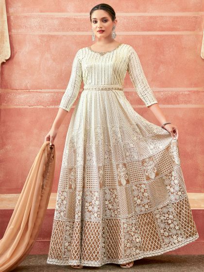 Beige And White Sequined Long Anarkali Suit