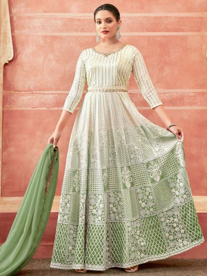 Green Party Wear Anarkali Suit With Embroidery