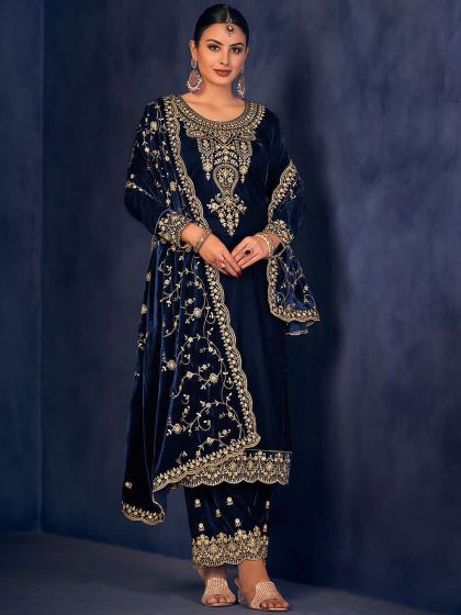 Blue Zari Embroidered Salwar Kameez With Palazzo