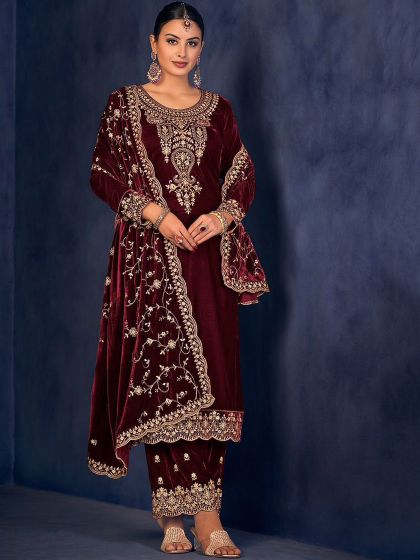 Red Palazzo Style Salwar Suit With Zari Embroidery