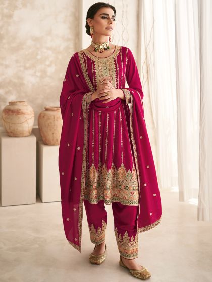 Pink Zari Embroidered Pant Style Suit