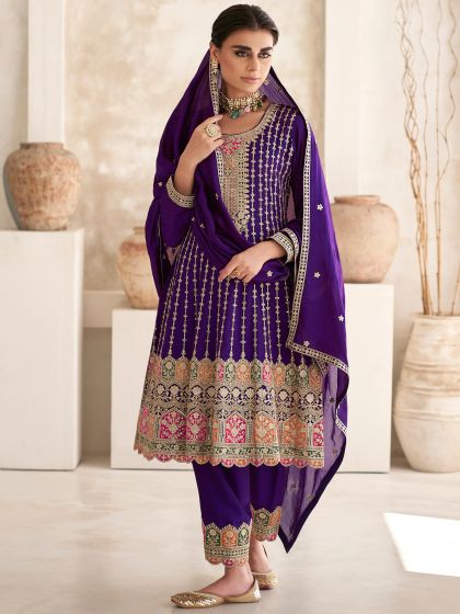 Purple Pant Style Salwar Kameez With Dupatta