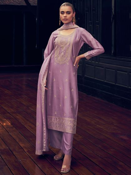 Purple Silk Salwar Kameez With Palazzo In Thread Work