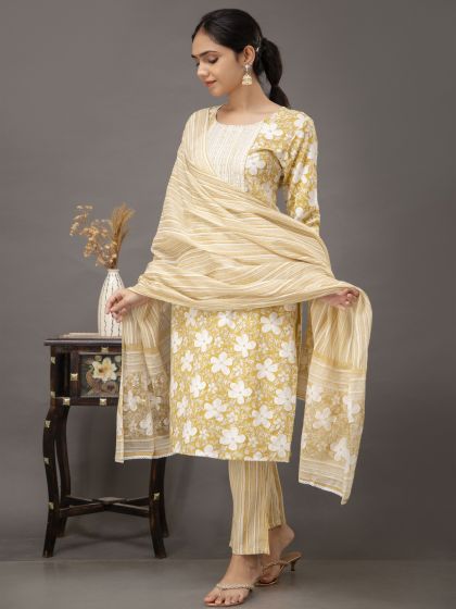 Yellow Casual Wear Cotton Suit With Floral Print