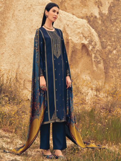 Navy Blue Salwar Kameez With Pant Style In Silk