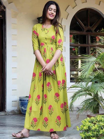 Green Full Length Womens Readymade Gown In Print